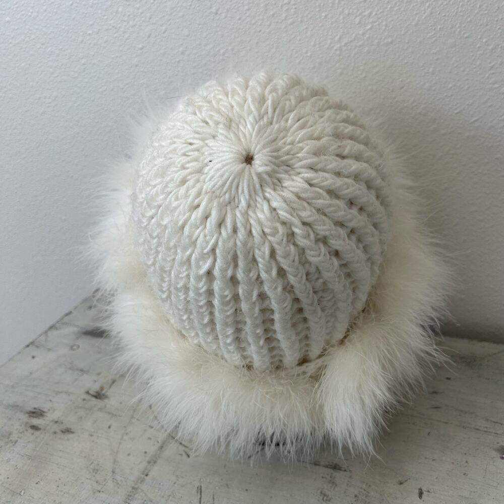 Vintage Chunky Knit Beanie Hat Feather Trim Y2K Winter Snow Bunny ski white - Picture 14 of 16